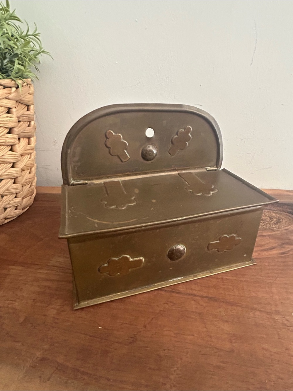 Rare- Antique Wall Mounted Brass Dutch Candle Match Box With Shamrocks
